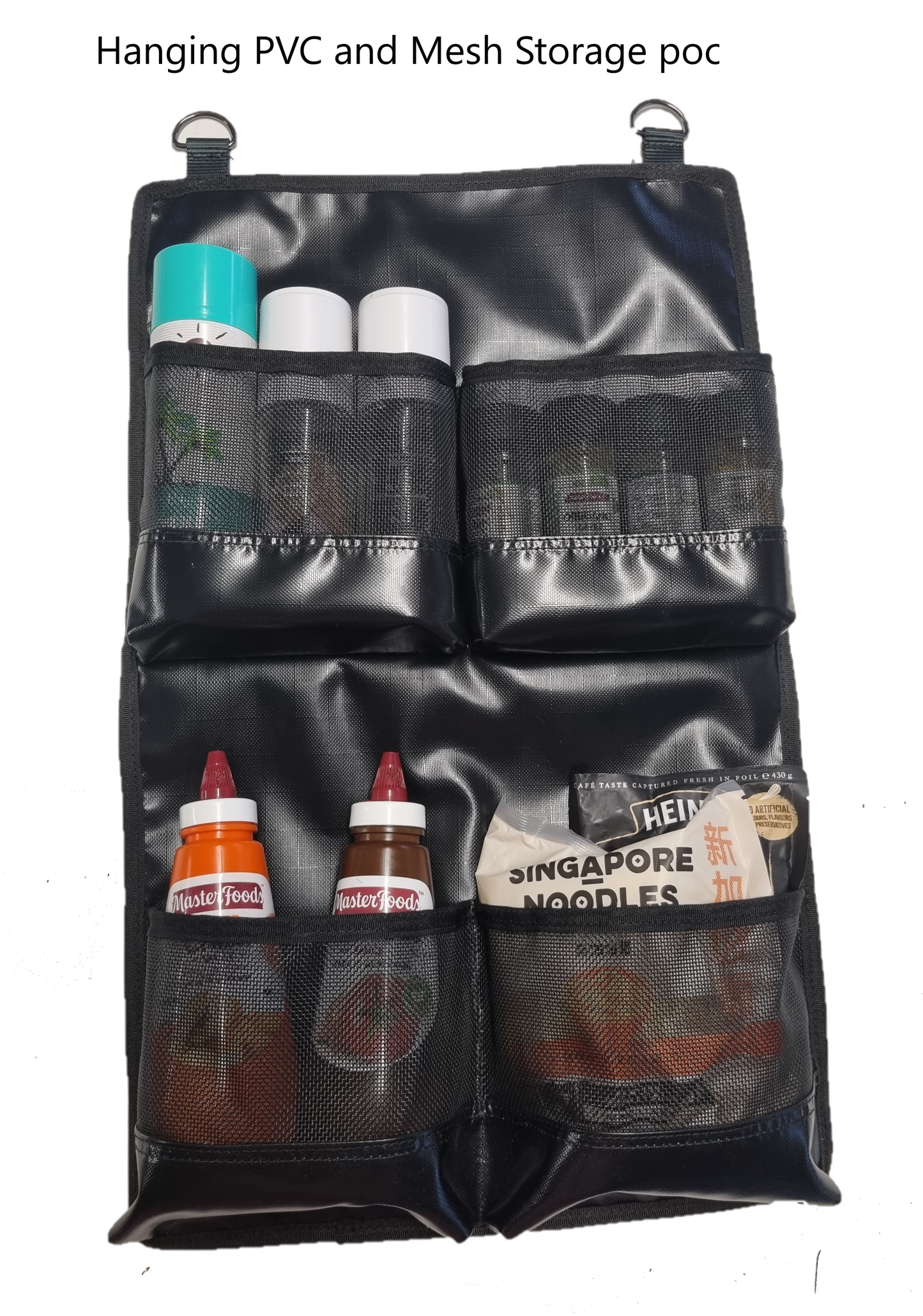 Hanging PVC and mesh camping storage pockets, 4 pockets