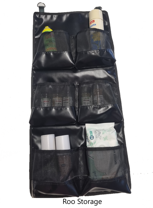 Hanging 6 pocket PVC and mesh camping storage